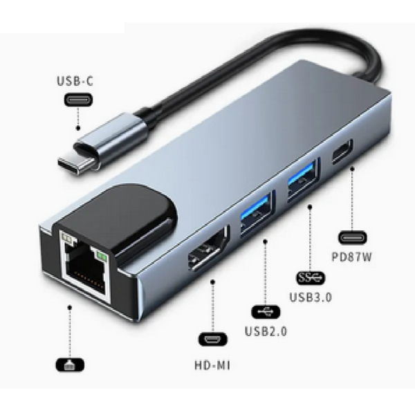 HUB TIPO C 5 EN 1 USB-1HD/PD/RJ45 - Imagen 3