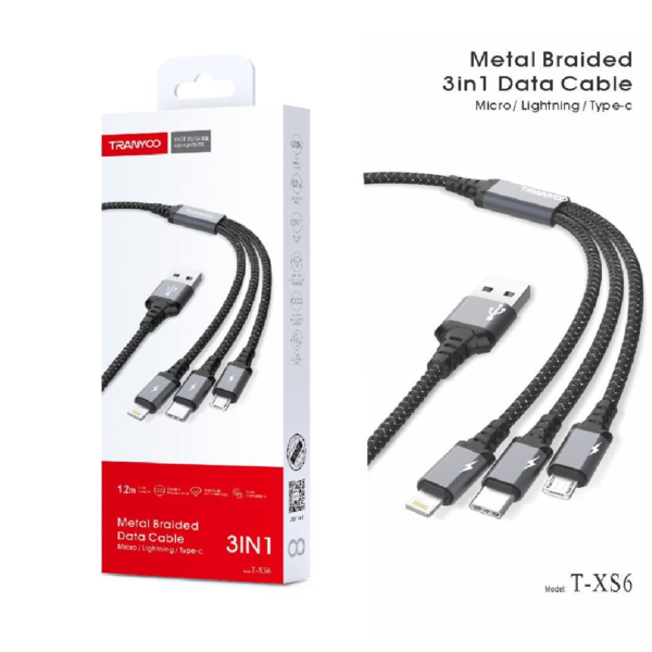 CABLE 3 EN 1 A TIPO C/V8/IP 1.2M TRANYOO