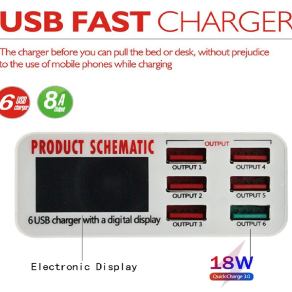 CARGADOR USB 6 PUERTOS CARGA RAPIDA
