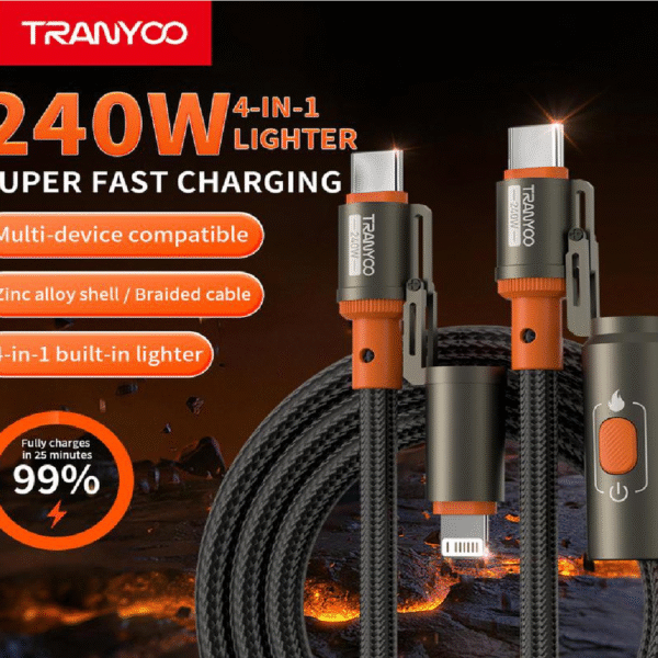 CABLE DE DATOS DE 240W 4EN1 TIPO C A IPHONE Y TIPO C CON ENCENDEDOR